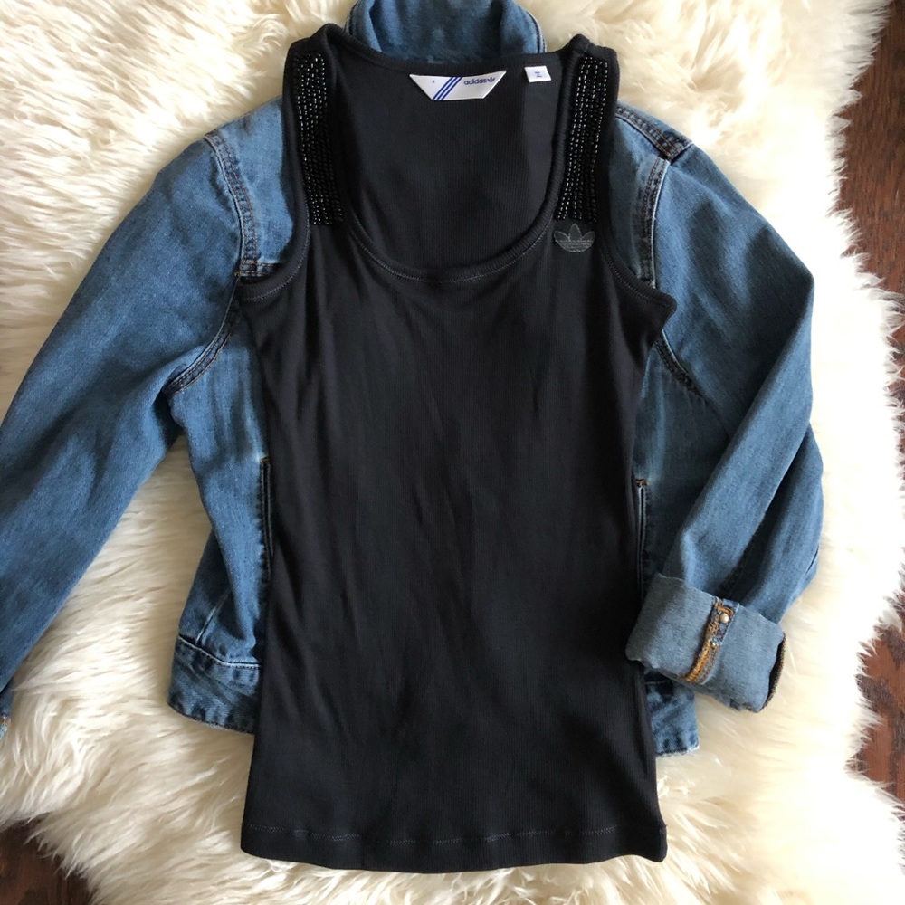 Adidas Black Ribbed Beaded Logo Tank Top Sma…